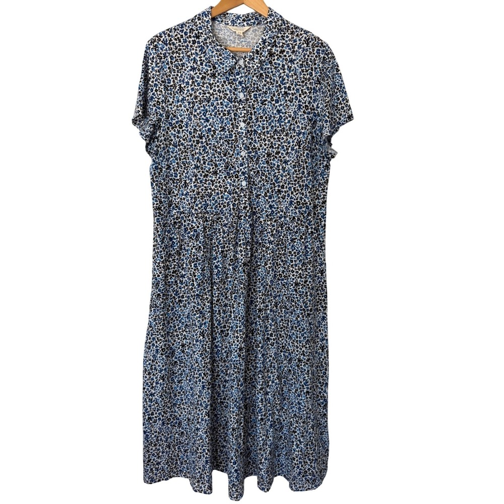 Seasalt Cornwall Blue Floral Organic Cotton Button Front Midi Dress Pockets 14